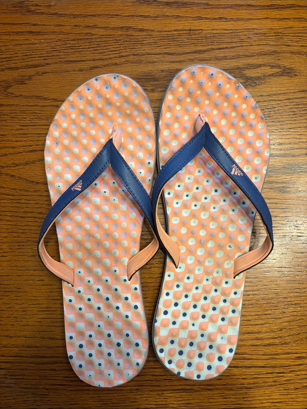 AdidasPeach Polka Dot Flip Flops with Navy Straps